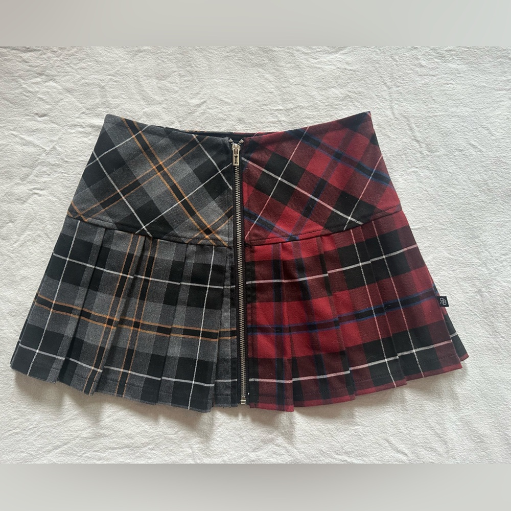 Royal Bones Two-Tone Plaid Circle Skirt in Red, Gray & Black